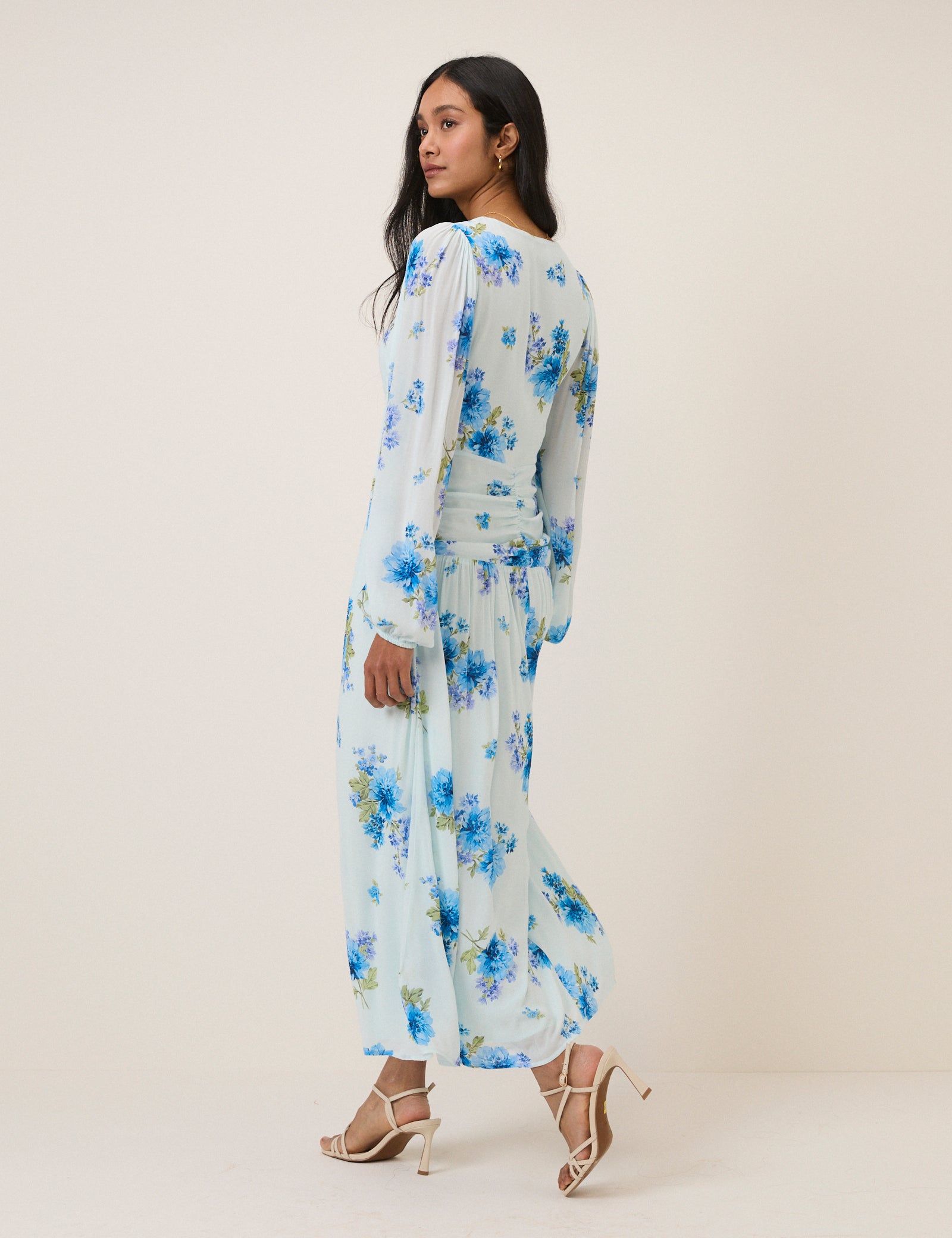 Blue Floral Long Sleeve Luna Midi Dress