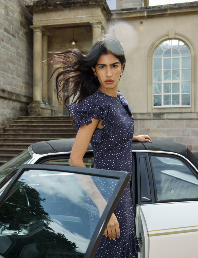 Navy Polka Dot Ruffle Marley Maxi Dress
