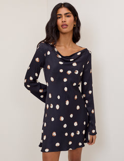 Navy Polka Dot Cowl Neck Leighton Mini Dress