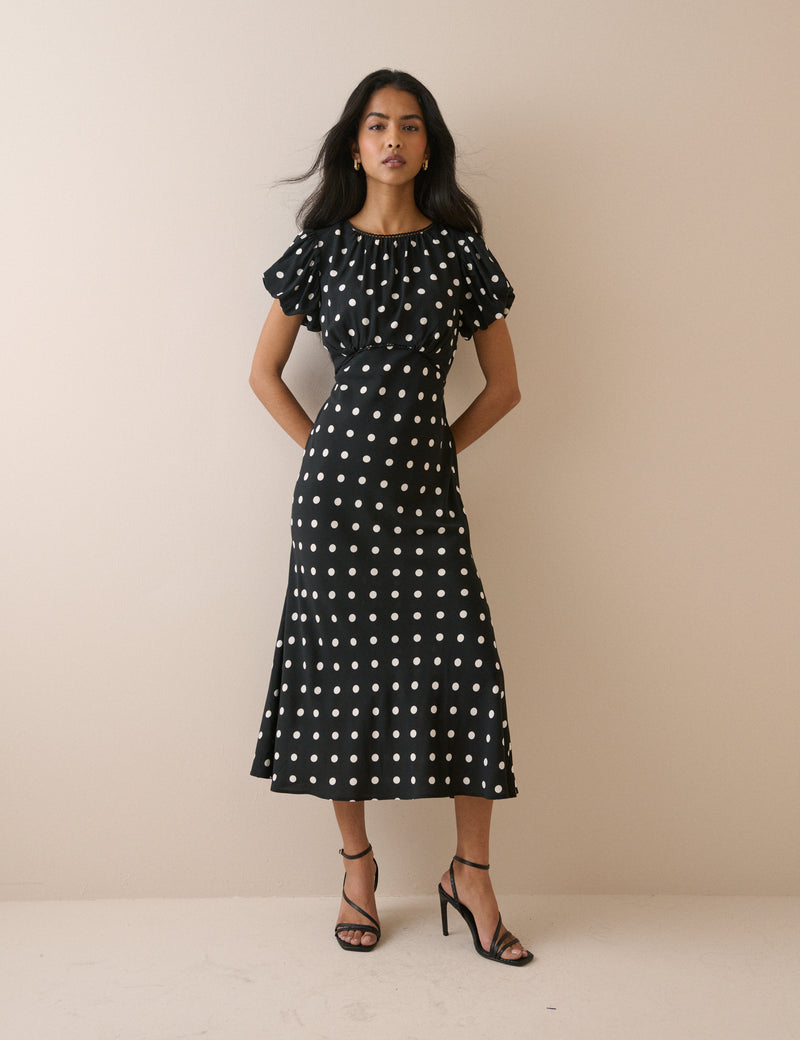 black polka dot midi dress Collar Fully lined Black Polka Dot Scarf Midi