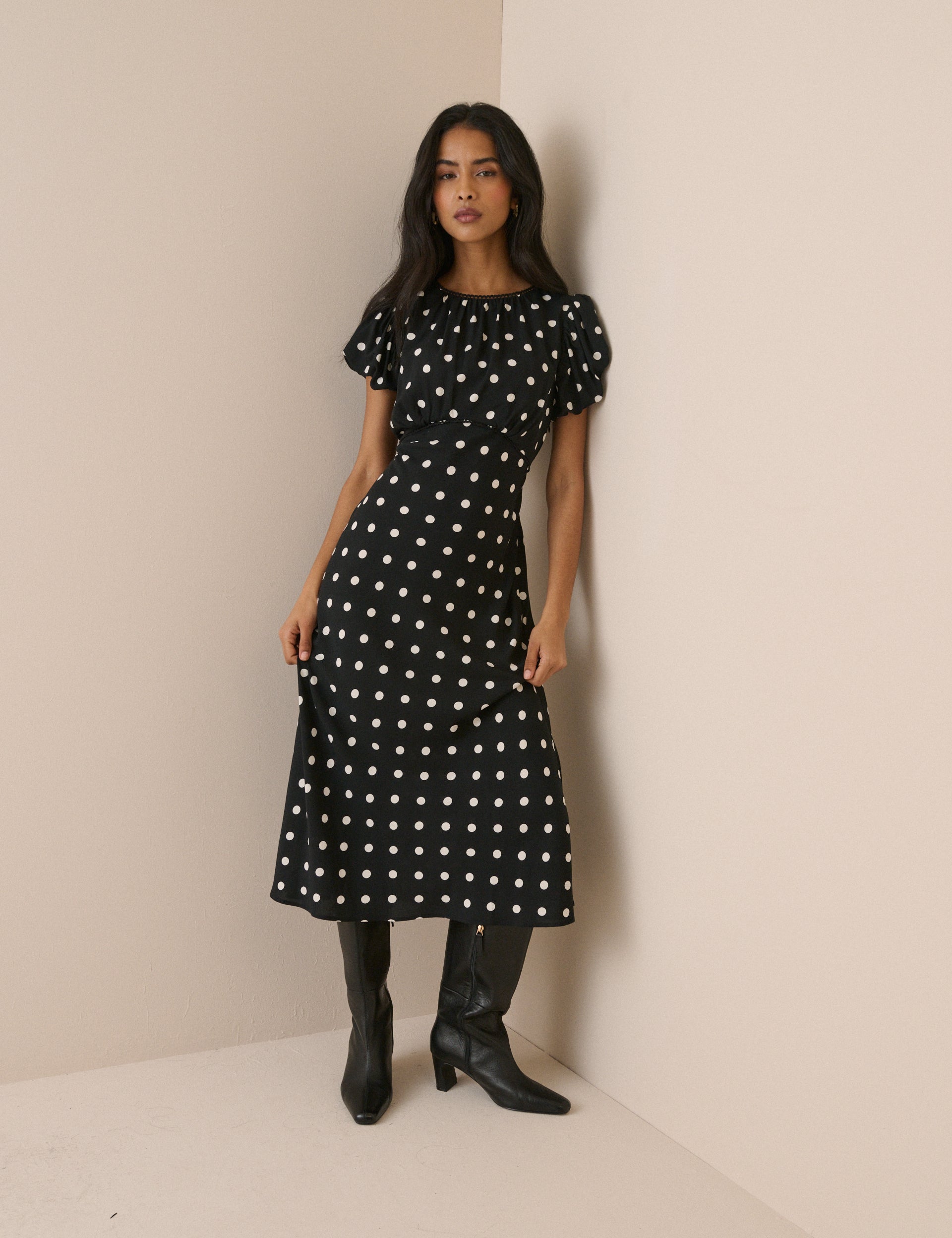 Lace Trim Sicily Midi Dress Short Puff Sleeve Empire | Nobody's Child