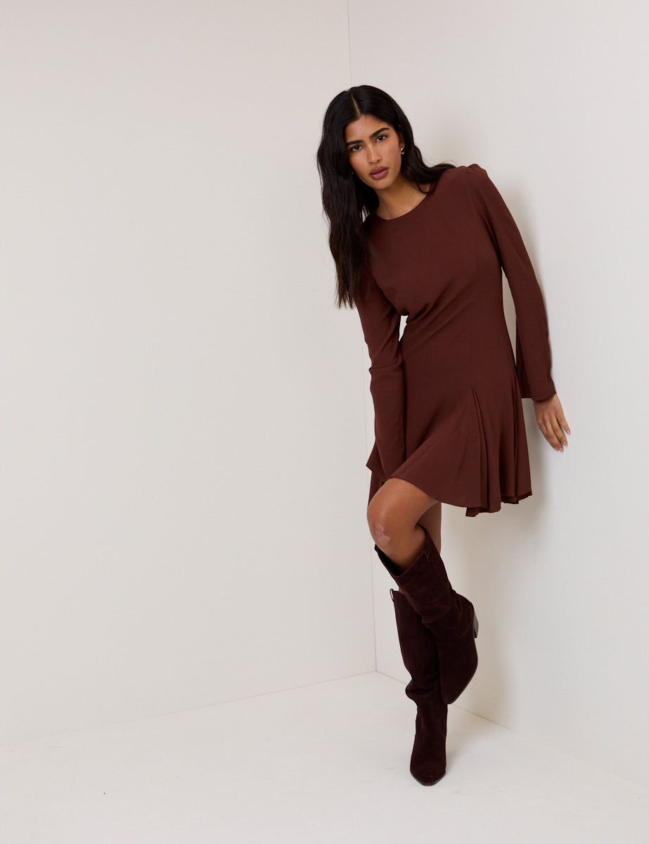 Brown Long Sleeve Paris Mini Dress