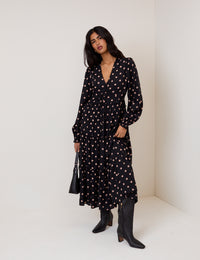 Black Polka Dot Balloon Sleeve Sofia Midi Dress