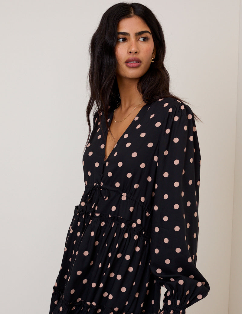 Black Polka Dot Balloon Sleeve Sofia Midi Dress