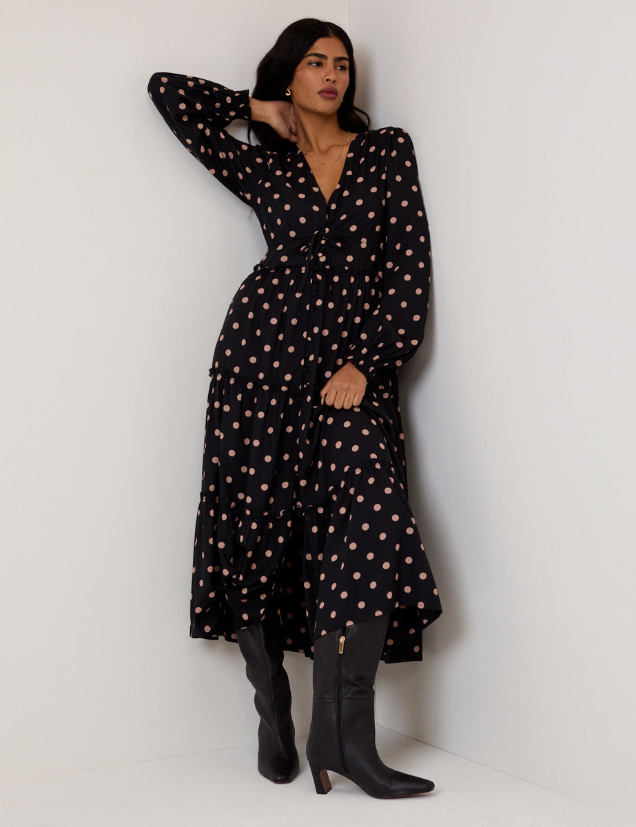 Black Polka Dot Balloon Sleeve Sofia Midi Dress
