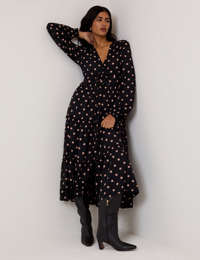 Black Polka Dot Balloon Sleeve Sofia Midi Dress