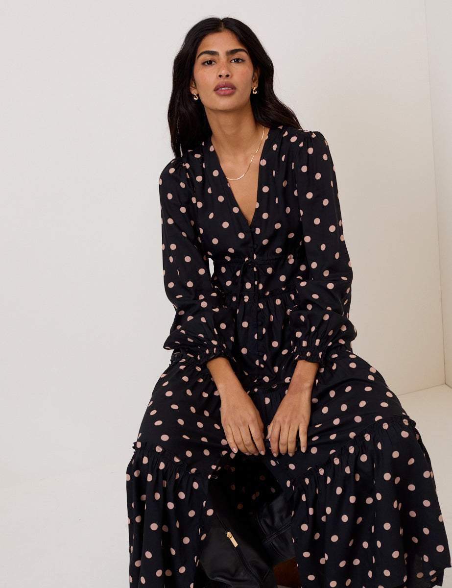 Black Polka Dot Balloon Sleeve Sofia Midi Dress