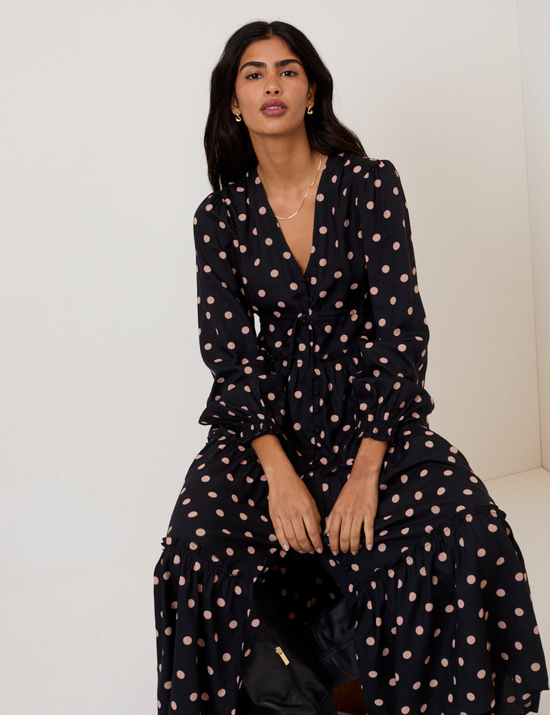 Black Polka Dot Balloon Sleeve Sofia Midi Dress
