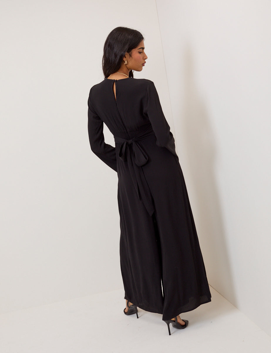 Black Wide Leg Pleated Jumpsuit