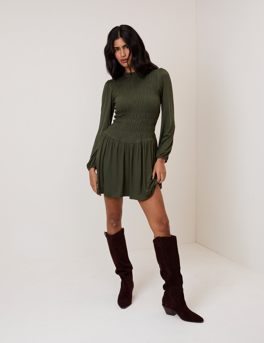 Khaki Green Ruched Siobhan Jersey Mini Dress