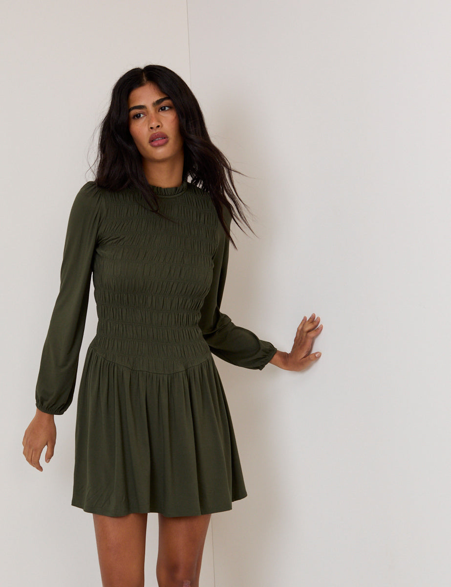 Khaki Green Ruched Siobhan Jersey Mini Dress Khaki Green Ruched Siobhan Jersey Mini Dress