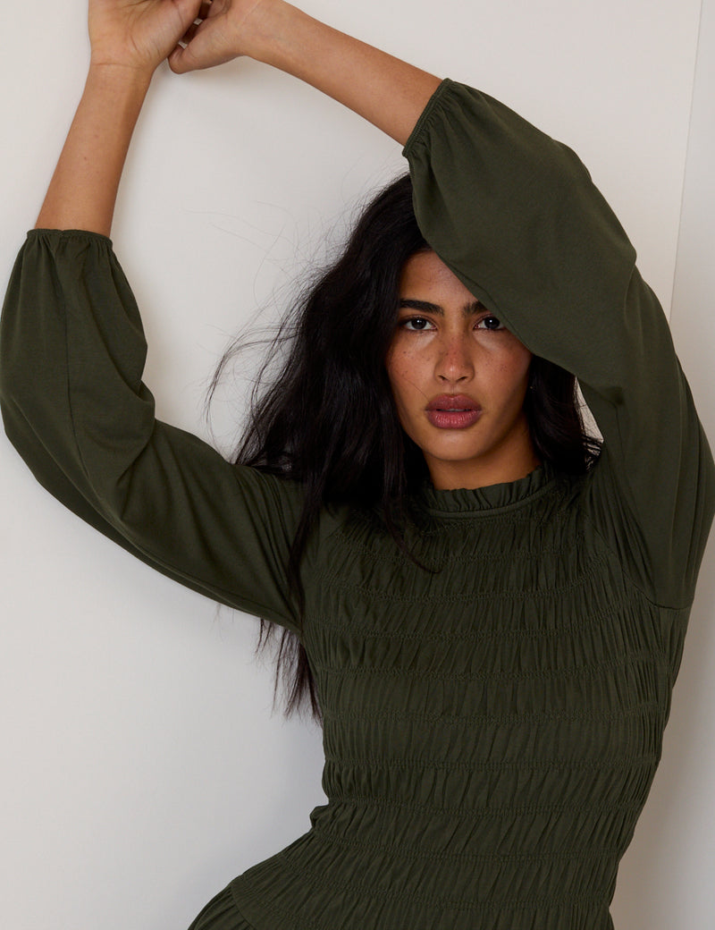 Khaki Green Ruched Siobhan Jersey Mini Dress