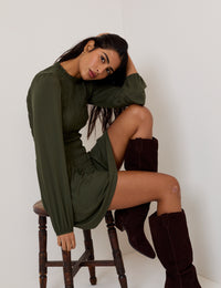 Khaki Green Ruched Siobhan Jersey Mini Dress