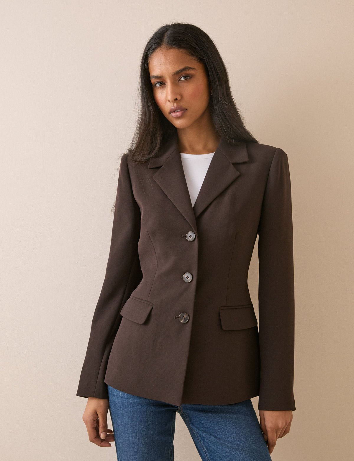 Brown Single Breasted Cinched Blazer