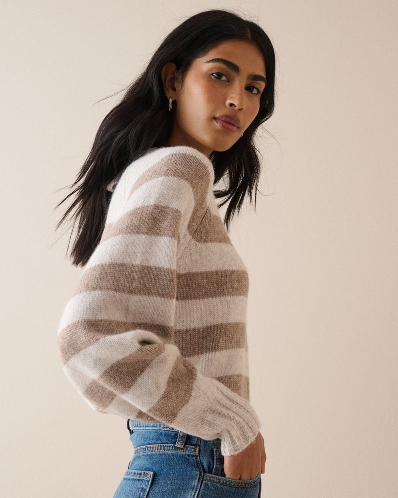Brown Striped Contrast Trim Jumper