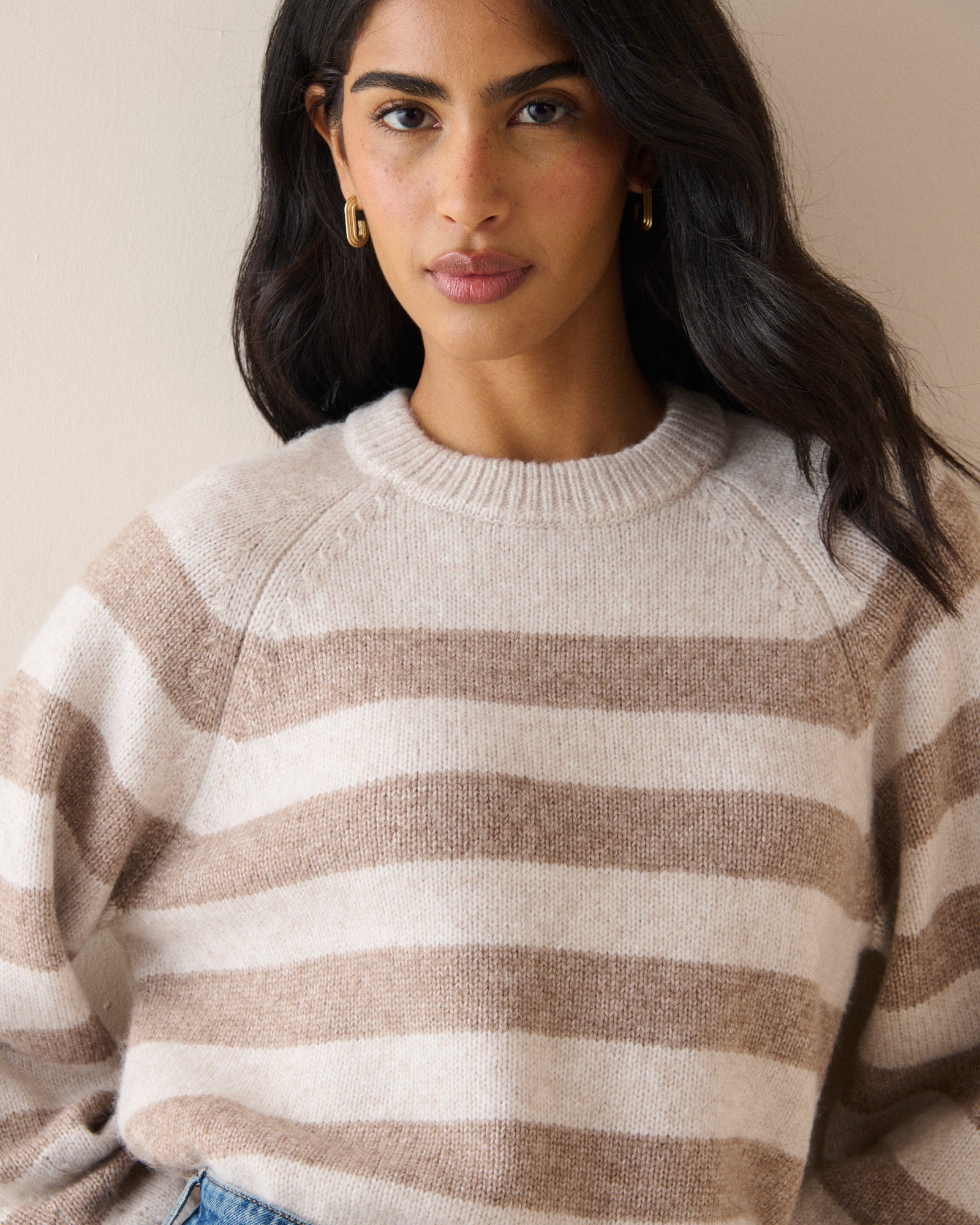 Brown Striped Contrast Trim Jumper