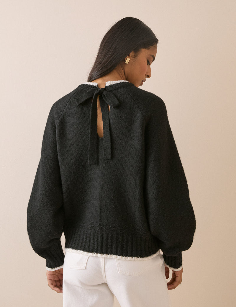 Black Contrast Trim Bow Detail Jumper