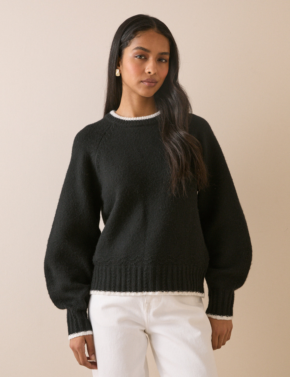 Black Contrast Trim Bow Detail Jumper