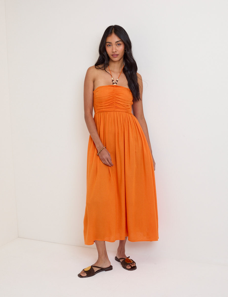 Orange Linen-Blend Halterneck Midi Dress