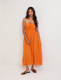 Orange Linen-Blend Halterneck Midi Dress