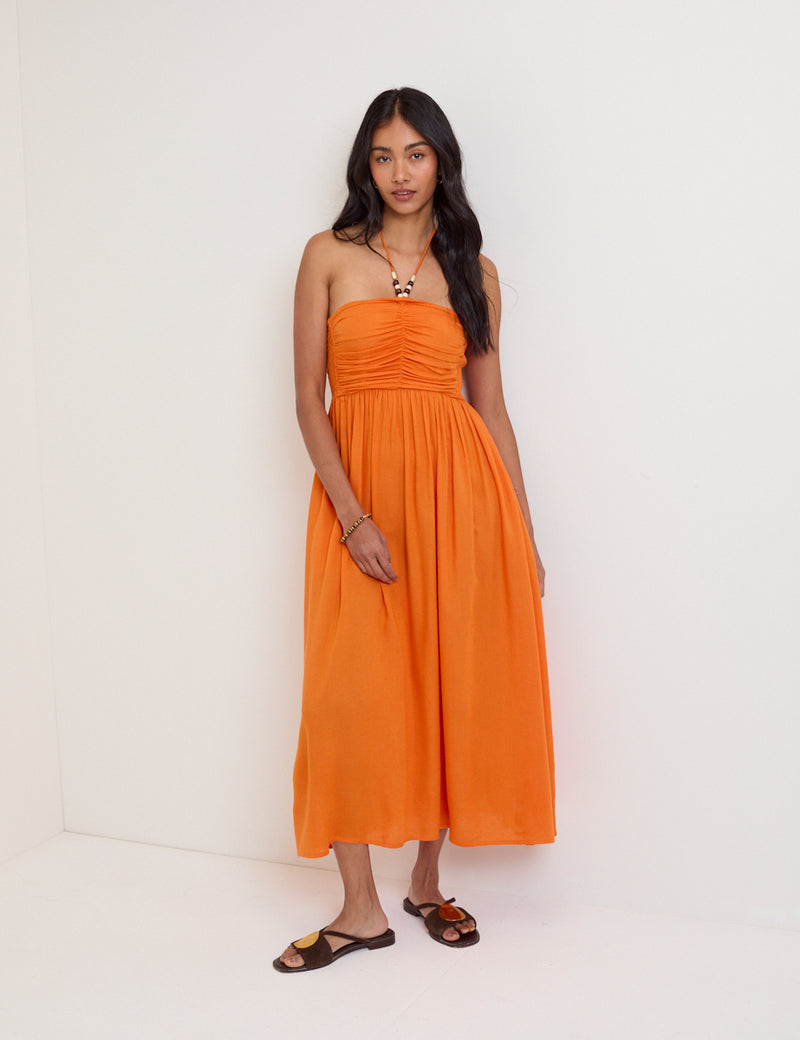 Orange Linen-Blend Halterneck Midi Dress