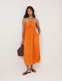 Orange Linen-Blend Halterneck Midi Dress