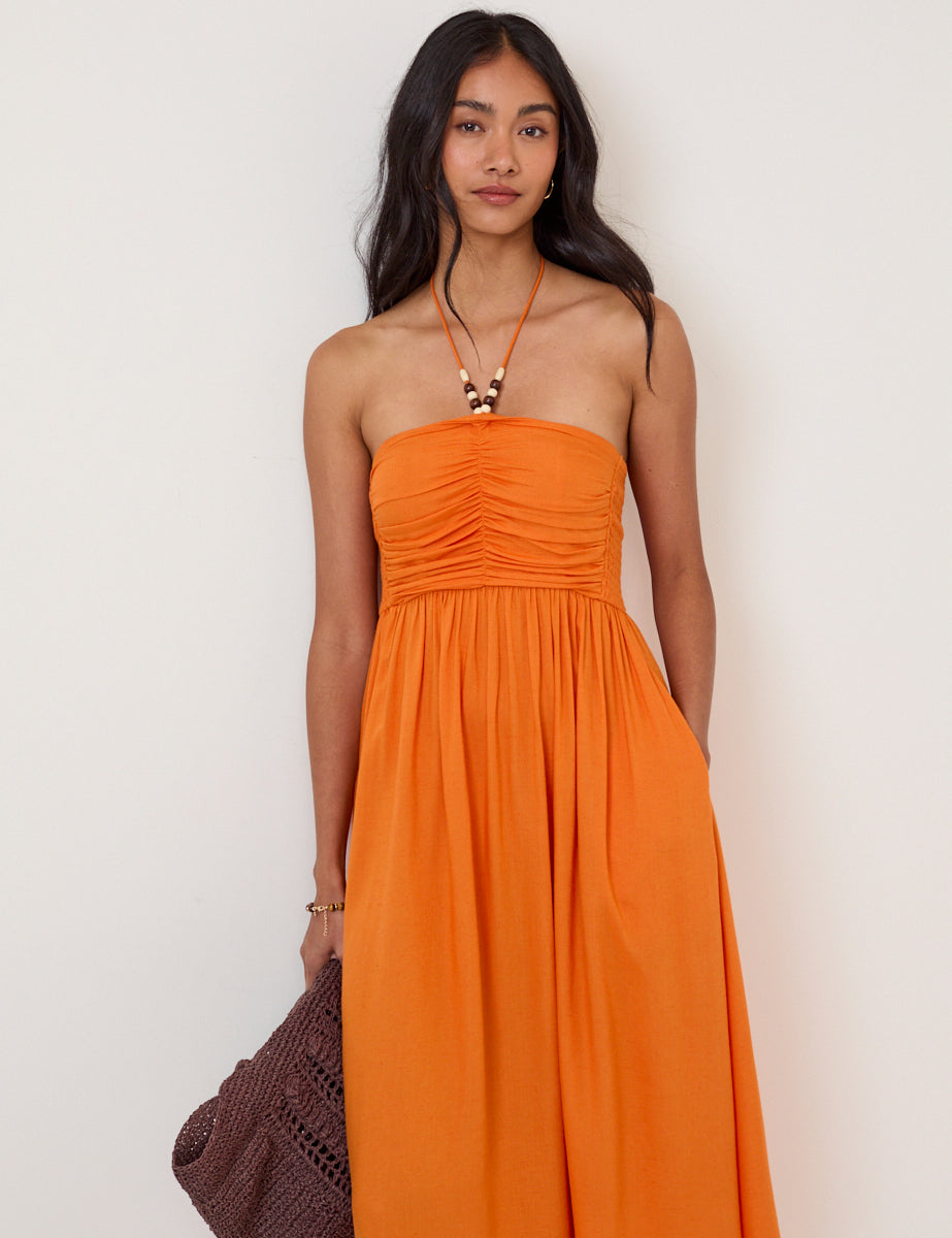 Orange Linen-Blend Halterneck Midi Dress Orange Linen-Blend Halterneck Midi Dress