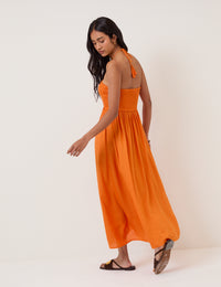 Orange Linen-Blend Halterneck Midi Dress