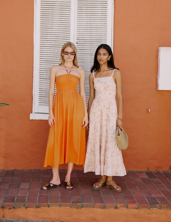 Orange Linen-Blend Halterneck Midi Dress