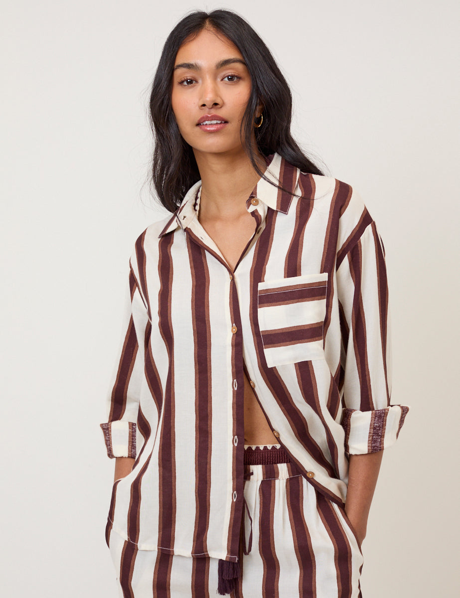 Brown Striped Linen-Blend Shirt