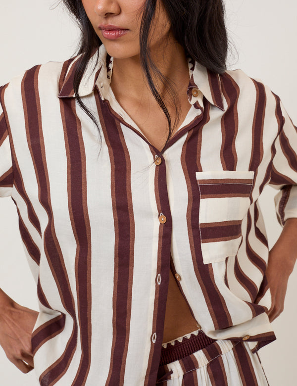 Brown Striped Linen-Blend Shirt