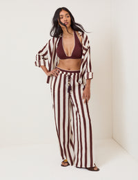 Brown Striped Linen-Blend Wide Leg Trousers