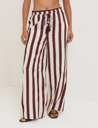 Brown Striped Linen-Blend Wide Leg Trousers