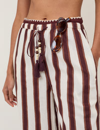Brown Striped Linen-Blend Wide Leg Trousers