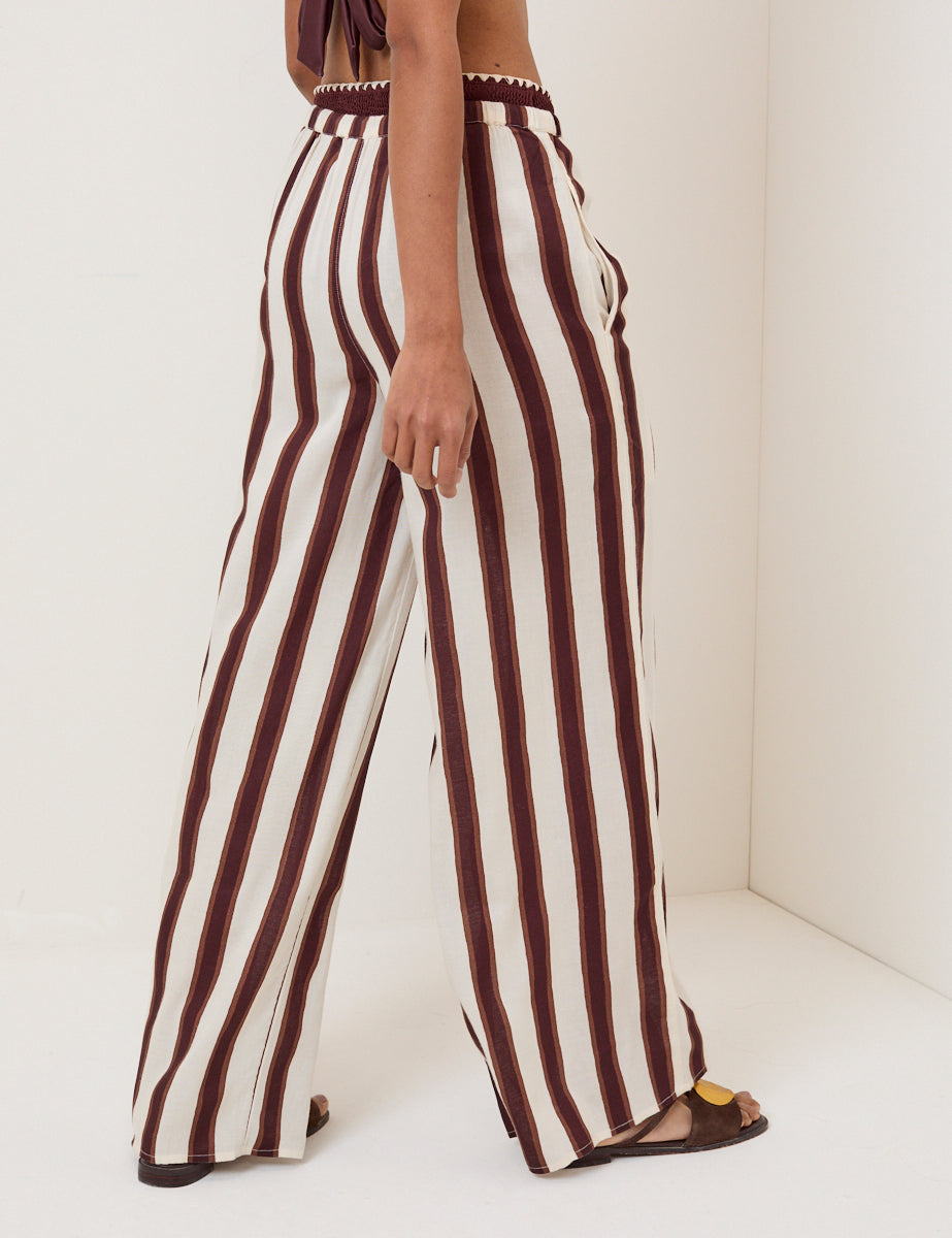 Brown Striped Linen-Blend Wide Leg Trousers
