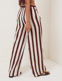 Brown Striped Linen-Blend Wide Leg Trousers