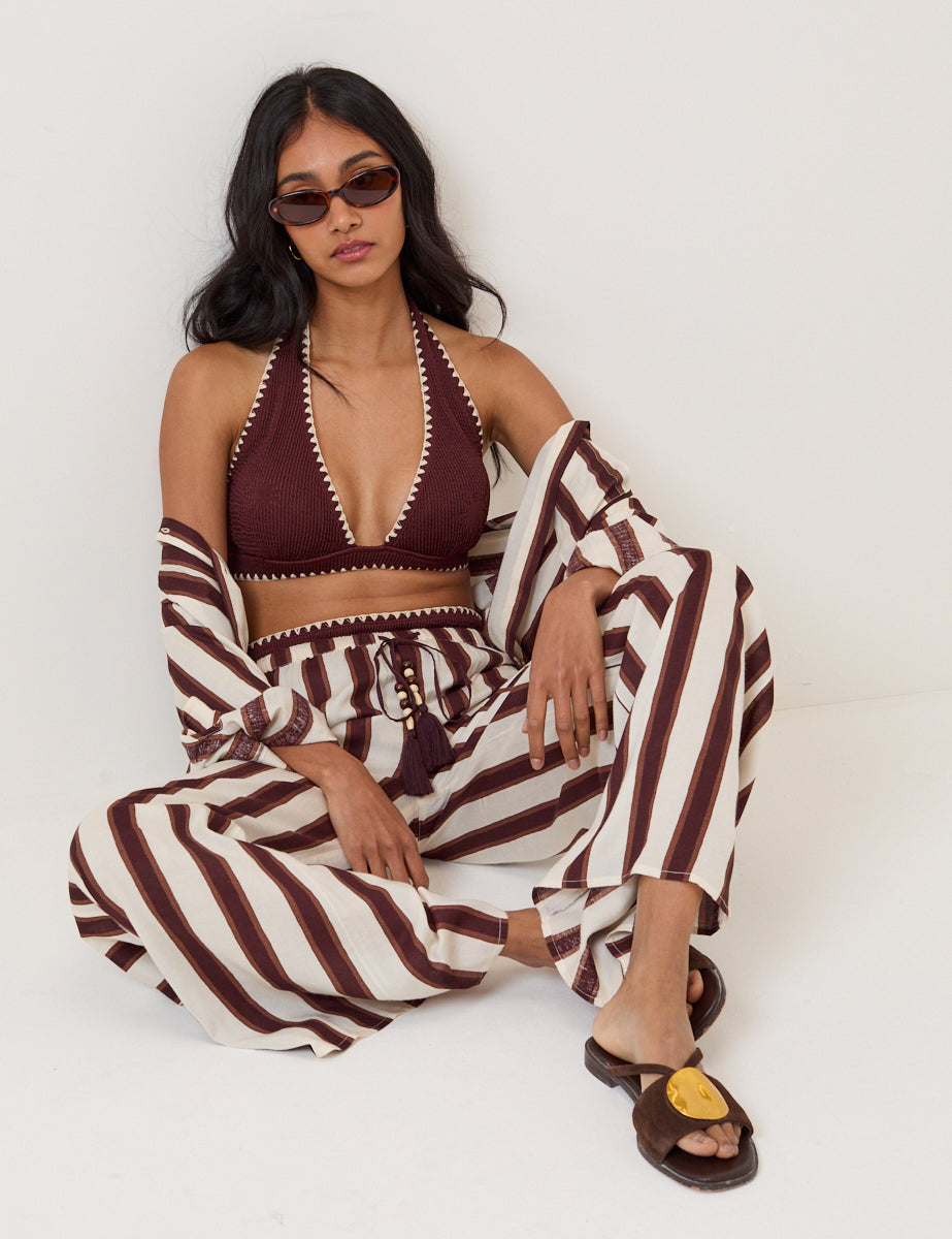 Brown Striped Linen-Blend Wide Leg Trousers