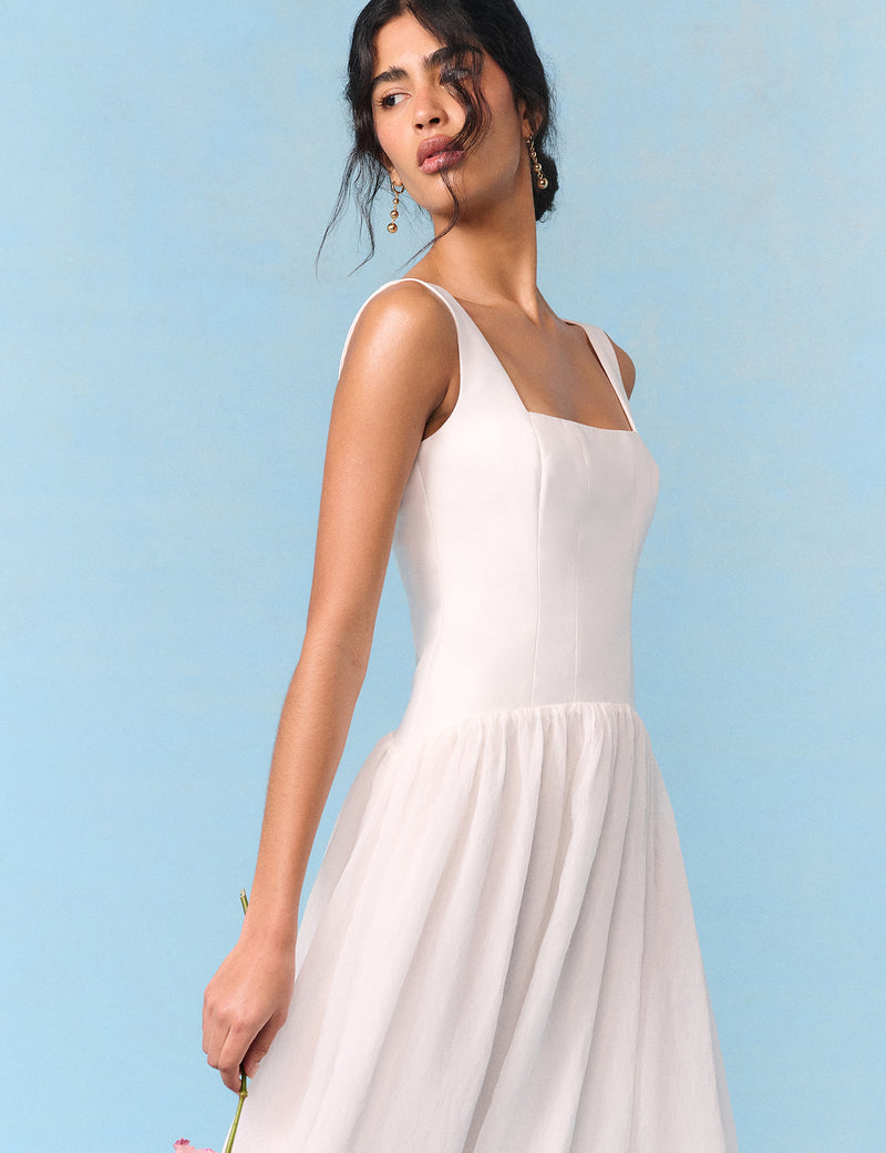 Bridal Honey Square Neck Drop Waist Midi Dress