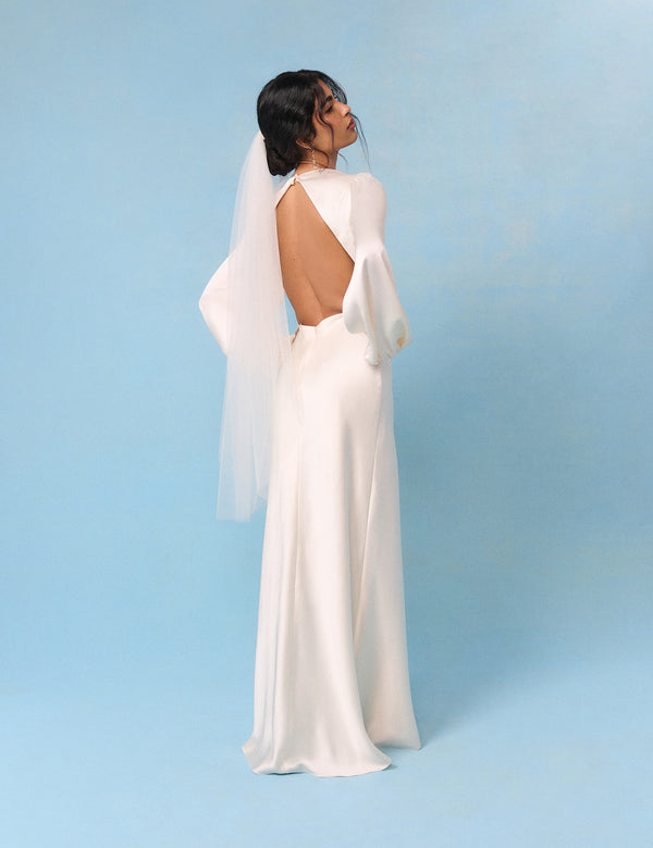 Bridal Ivory Satin Open Back Long Sleeve Isadora Maxi Dress