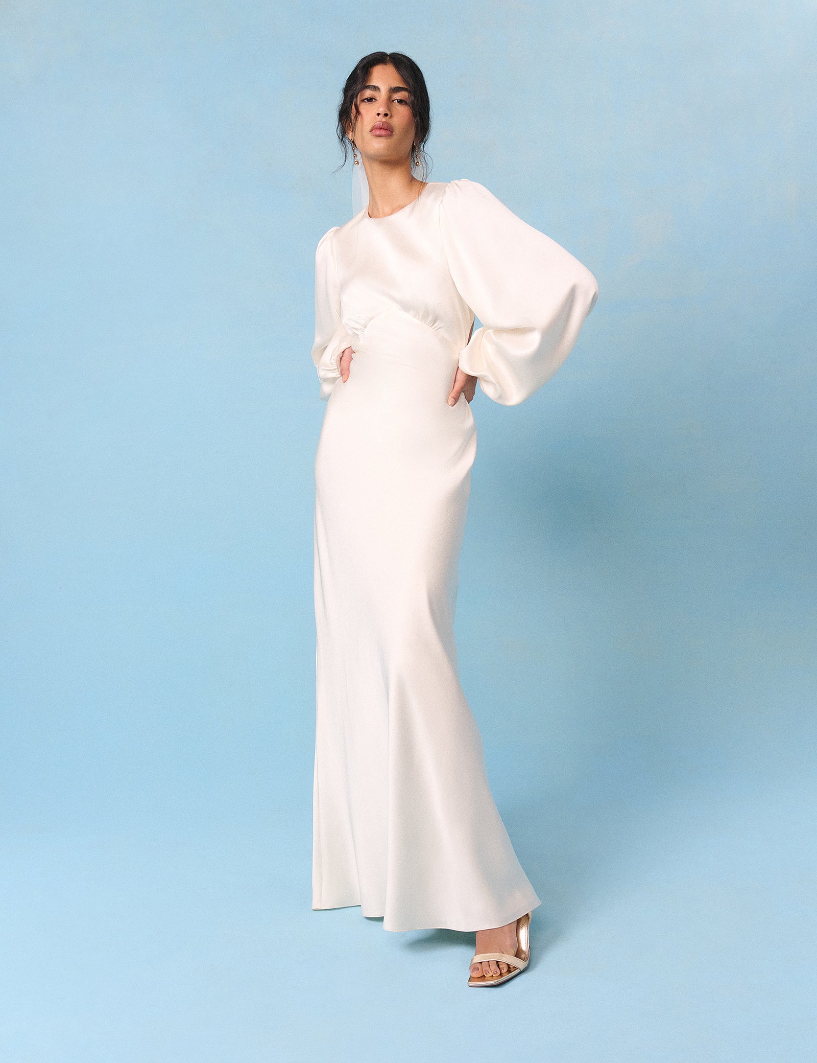 Bridal Ivory Satin Open Back Long Sleeve Isadora Maxi Dress