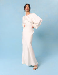 Bridal Ivory Satin Open Back Long Sleeve Isadora Maxi Dress