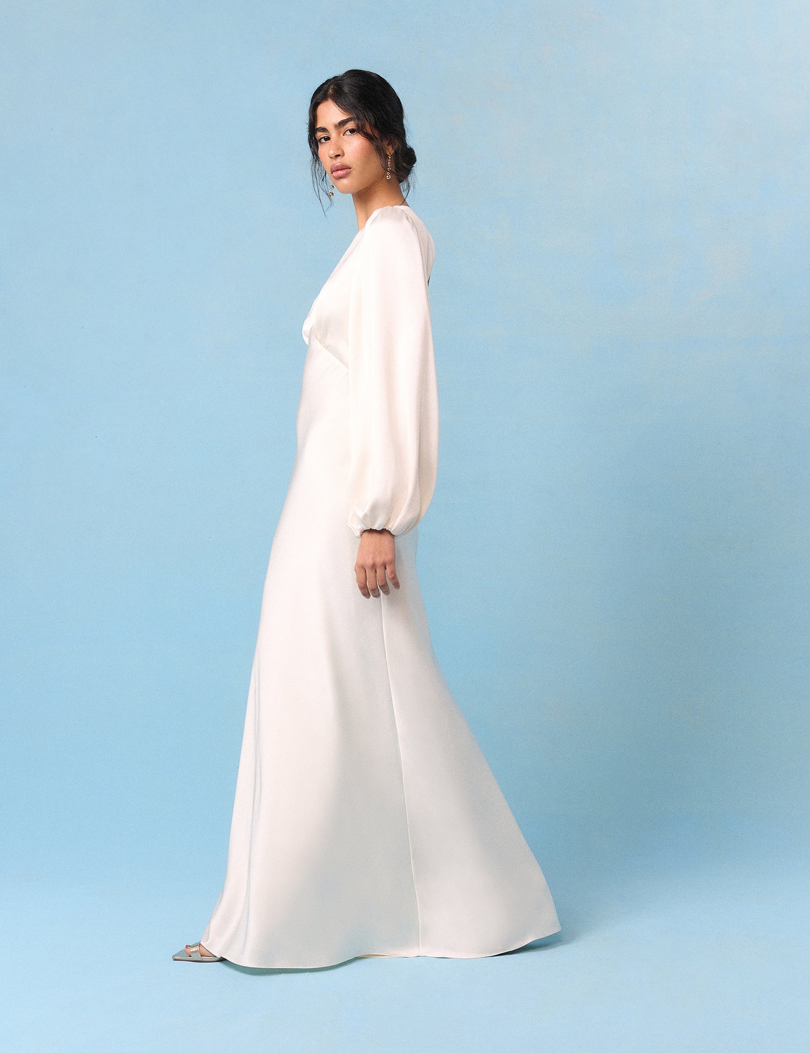 Bridal Ivory Satin Open Back Long Sleeve Isadora Maxi Dress Bridal Ivory Satin Open Back Long Sleeve Isadora Maxi Dress