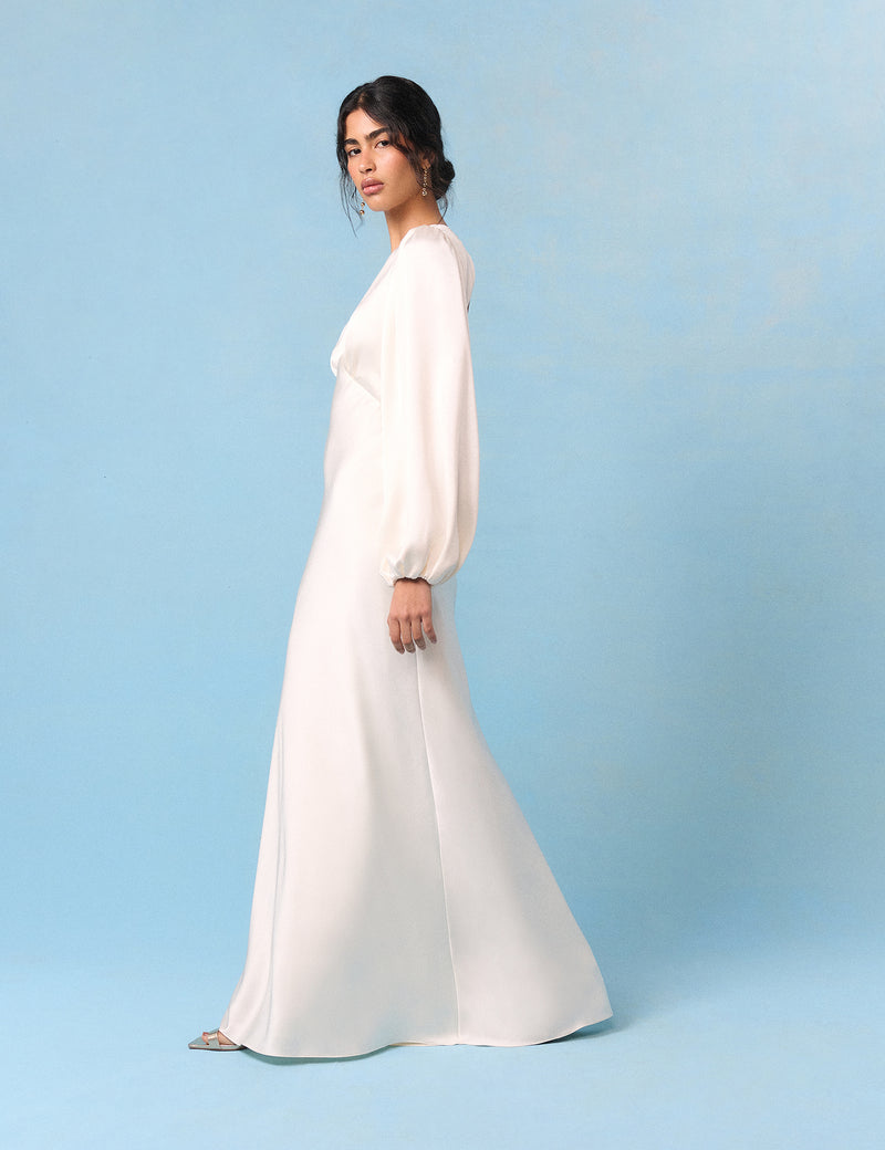 Bridal Ivory Satin Open Back Long Sleeve Isadora Maxi Dress