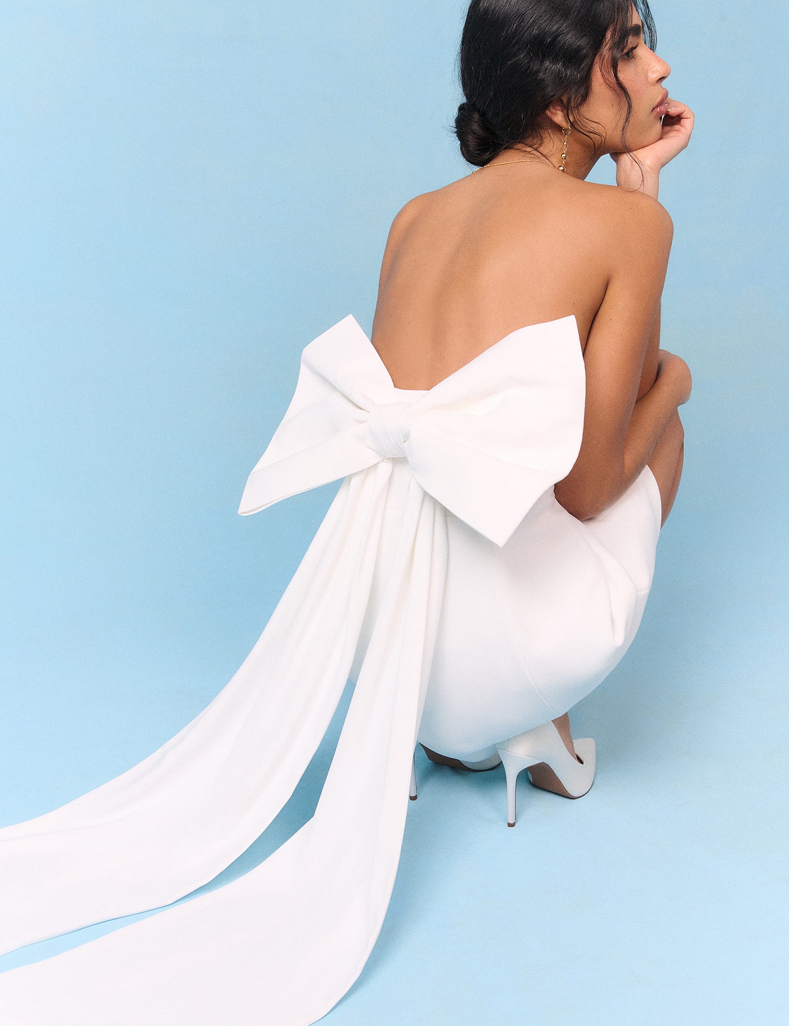 Bridal Ivory Crepe Statement Bow Lucienne Mini Dress Bridal Ivory Crepe Statement Bow Lucienne Mini Dress