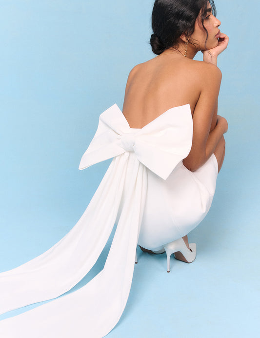 knee length dresses for ladies Bridal Ivory Crepe Statement Bow Lucienne Mini Dress
