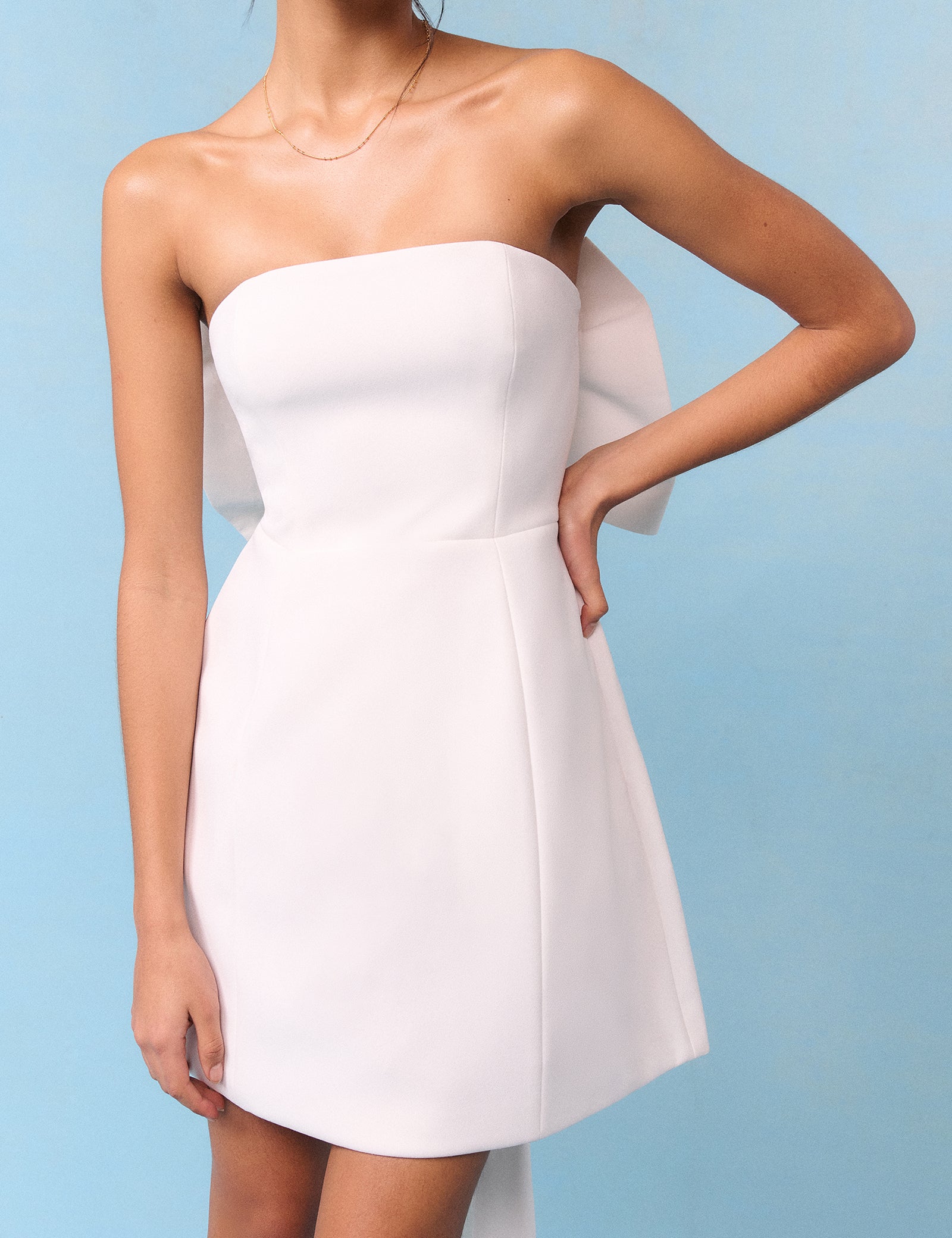 Bridal Ivory Crepe Statement Bow Lucienne Mini Dress Bridal Ivory Crepe Statement Bow Lucienne Mini Dress
