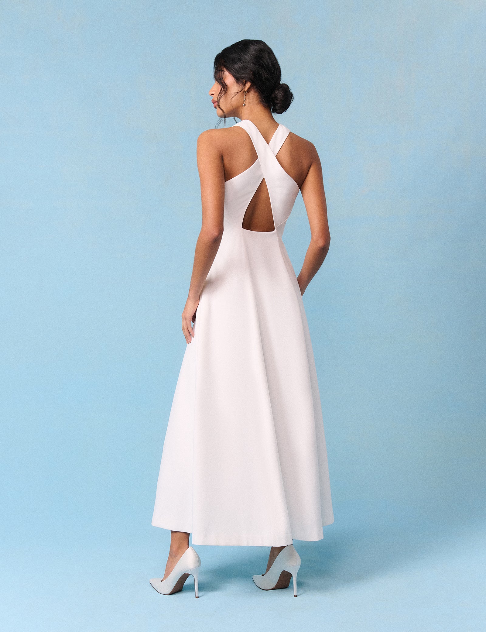 white contemporary dress Bridal Ivory Crepe Cross Back Antonia Midi Dress