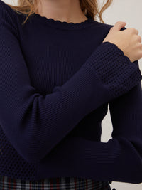 Navy Crochet Trim Knitted Top