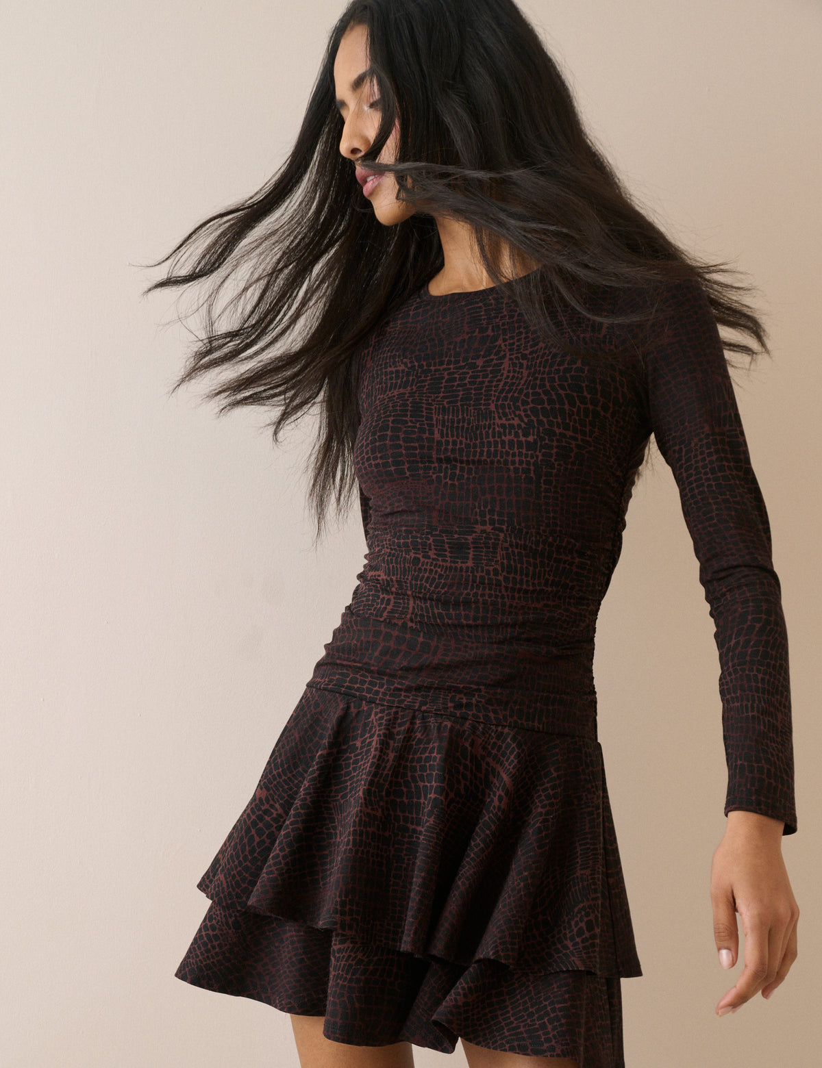 Brown Crocodile Print Long Sleeve Yuki Mini Dress