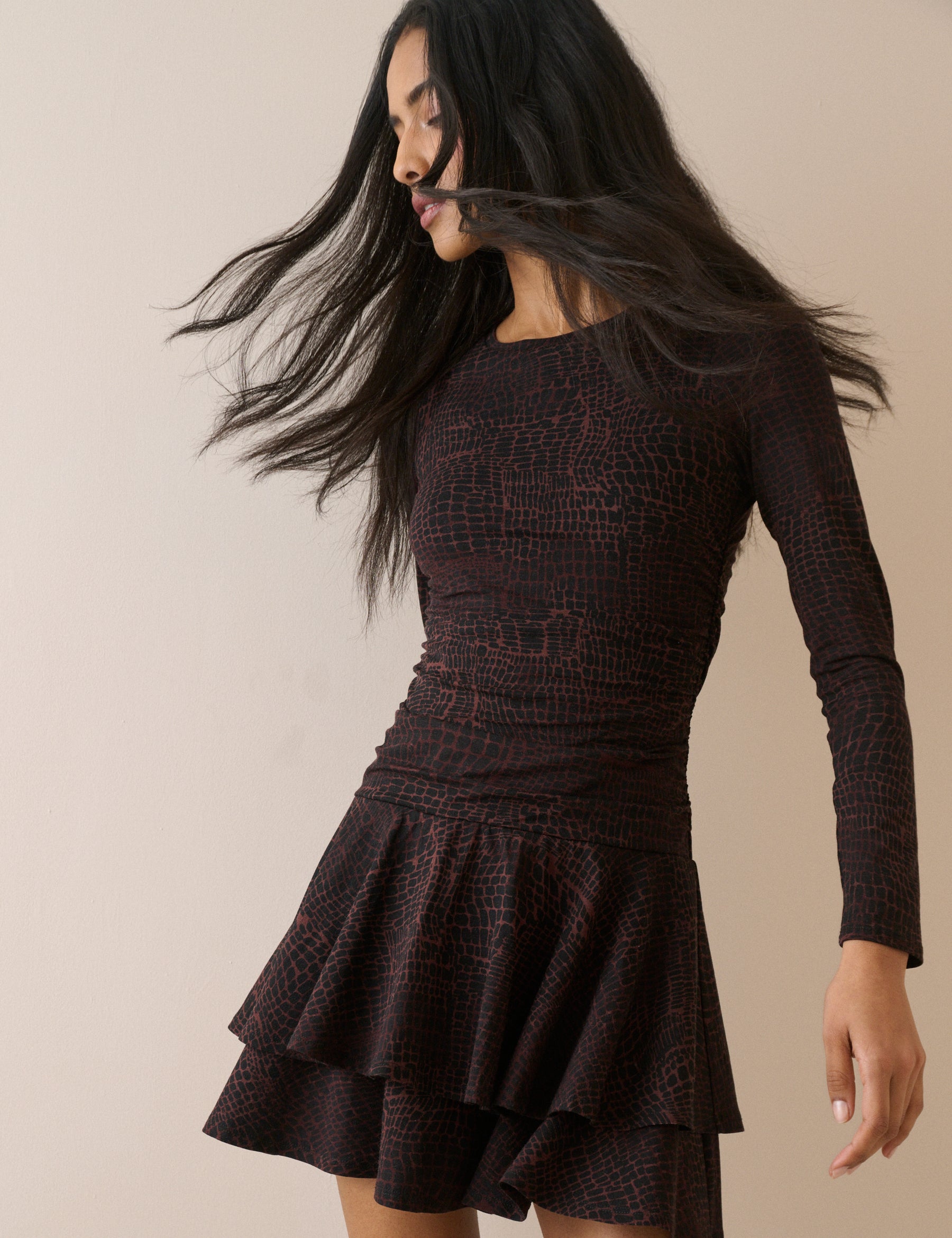 Brown Crocodile Print Long Sleeve Yuki Mini Dress